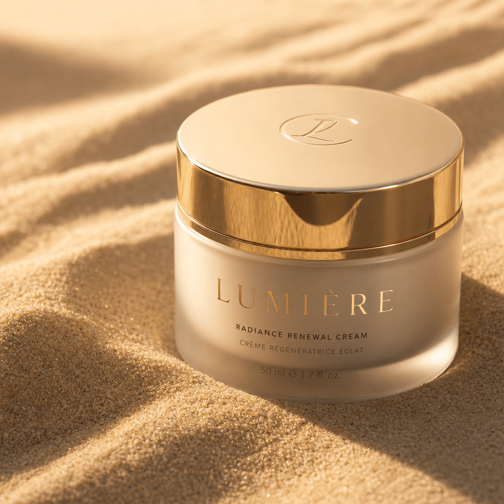A close-up shot of a skincare product on rippled desert sand, with sunlight creating a soft glow on the product's surfac