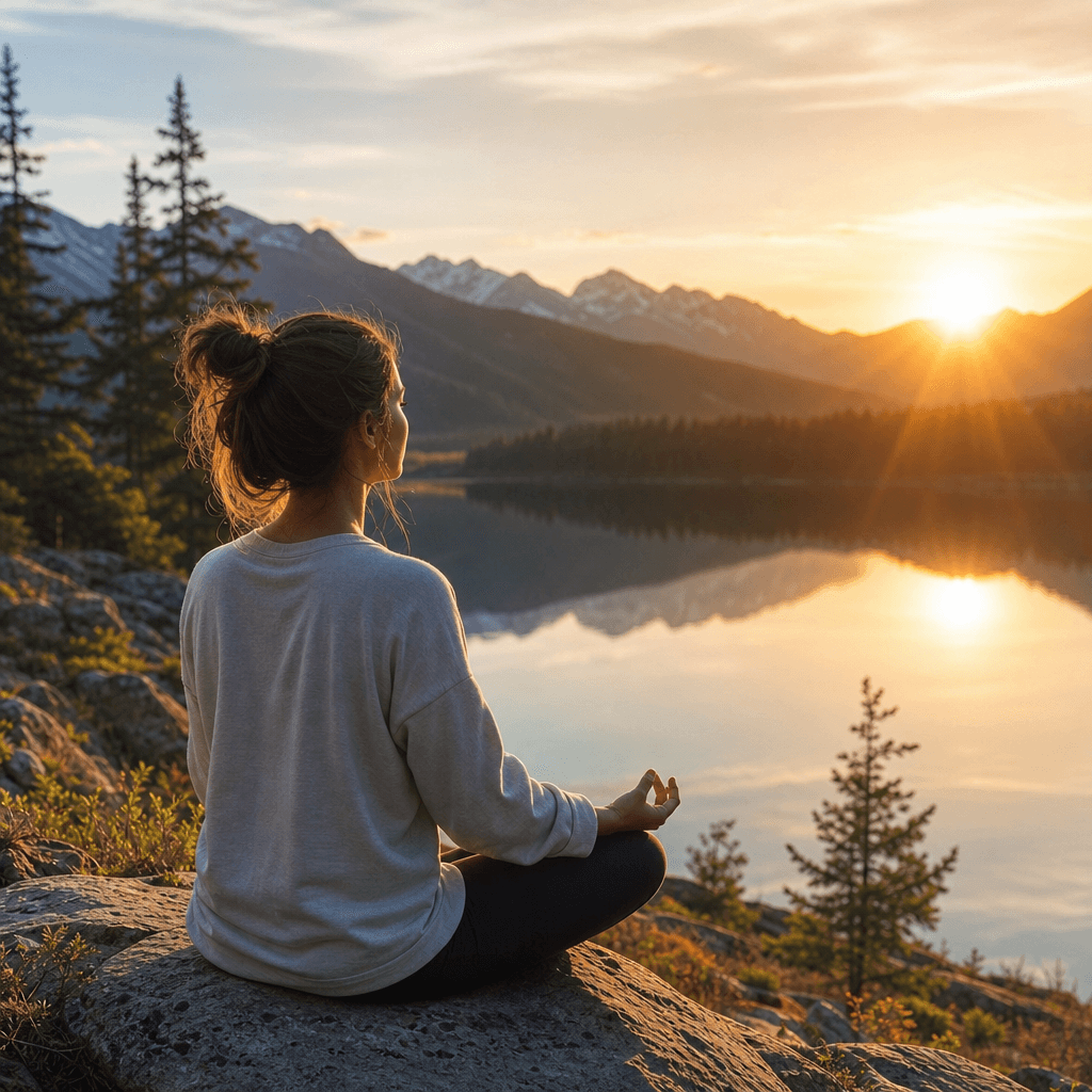 A serene lifestyle photo of a person meditating in nature, showcasing the calm and tranquility of the moment. The transf