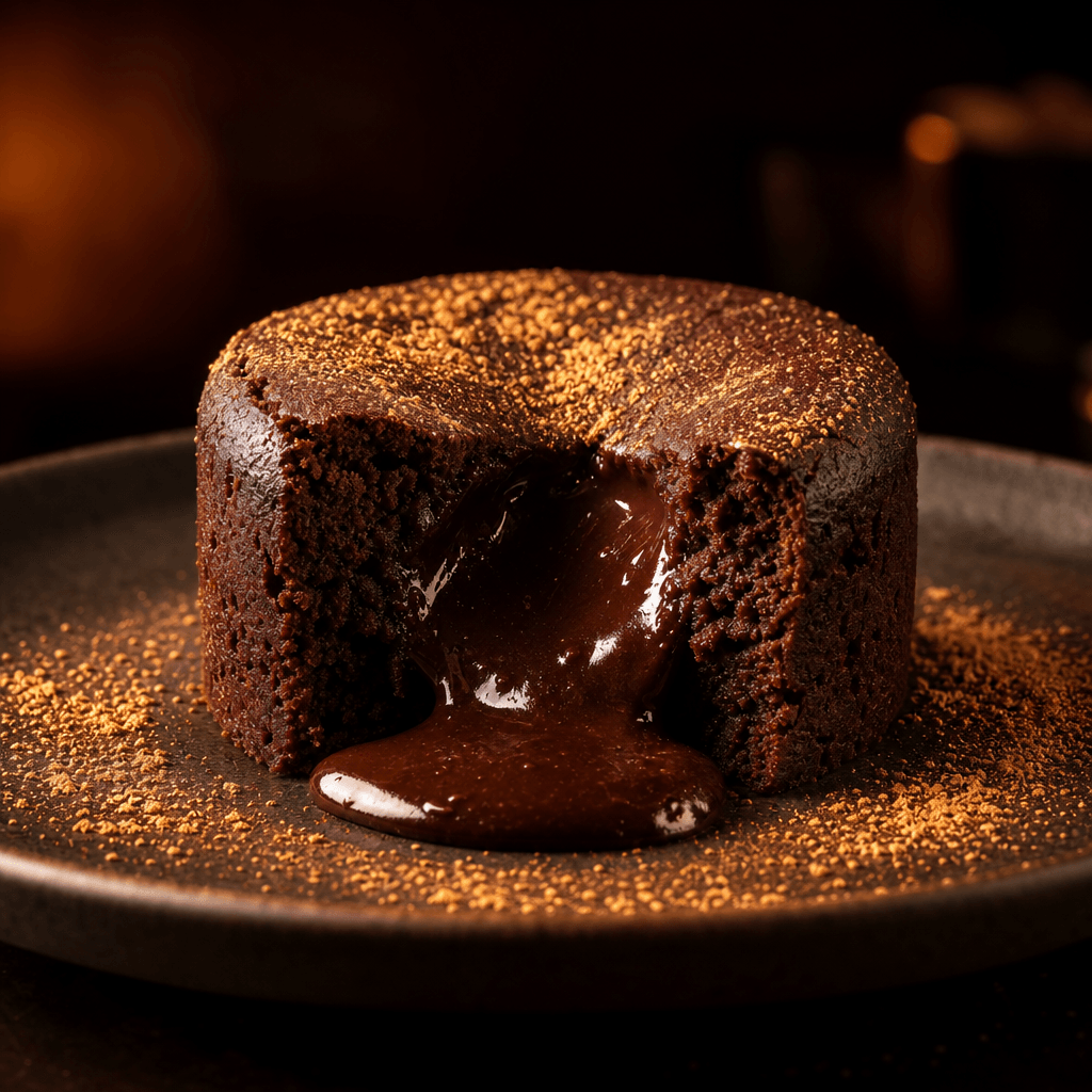 Square close-up of a cross-sectioned chocolate lava cake with warm dark ganache flowing from the center onto a matte cer