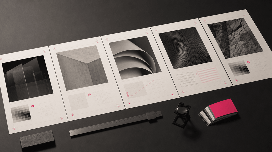 A precise sequence of premium company profile sheets extending across a dark studio table, consistent grid structures wi