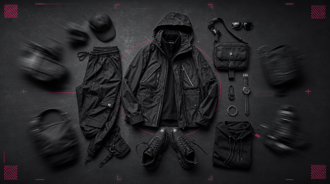 Individual garments and accessories moving into a balanced flat-lay composition across a deep charcoal studio floor, as 