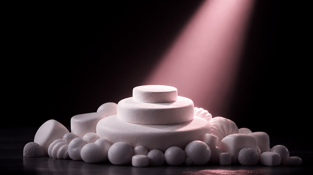 An abstract product pedestal formed from layered white marshmallow shapes, a single sharp beam of soft pink studio light