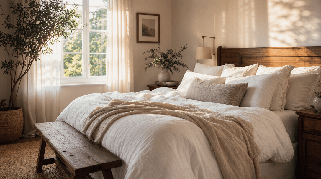 Cozy bedroom interior with morning sunlight, fresh white linen textures, soft pillows, wooden furniture, warm atmospheri