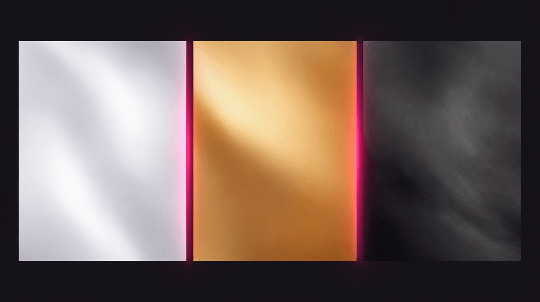 Abstract representation of multiple visual styles as a triptych of color field panels on a deep dark background — one pa