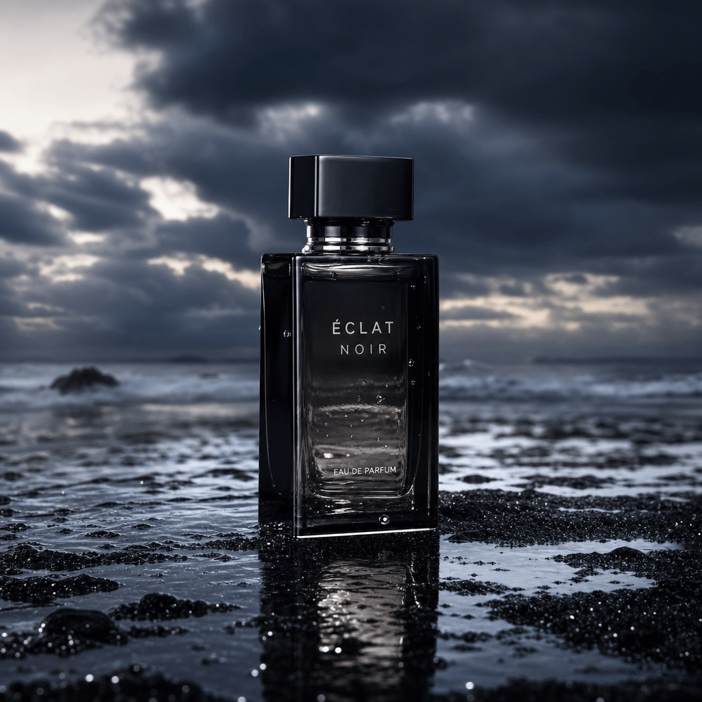 A luxury fragrance bottle on wet black volcanic sand with a thin layer of reflective seawater, dramatic overcast sky, co