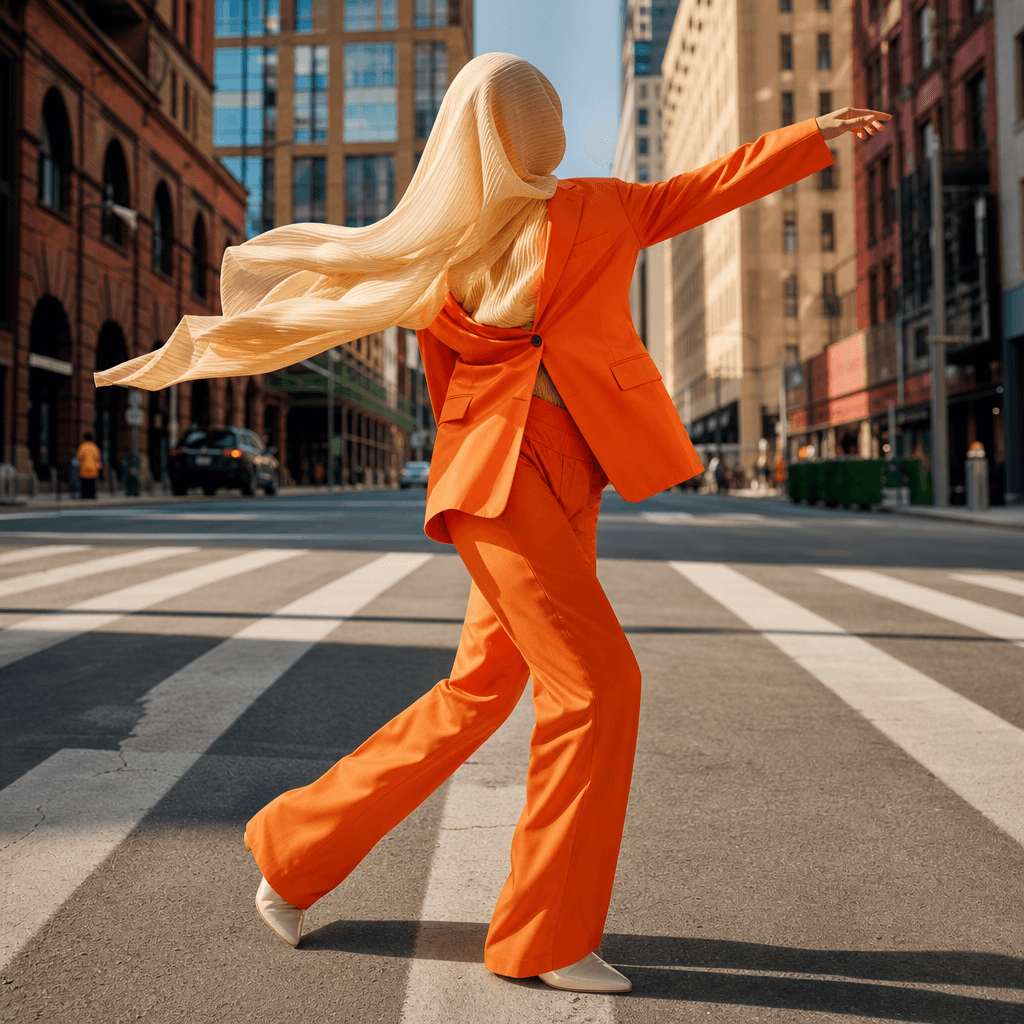 A vibrant daytime crosswalk dance scene featuring an abstract, non-recognizable fashion subject in a bright tailored sui
