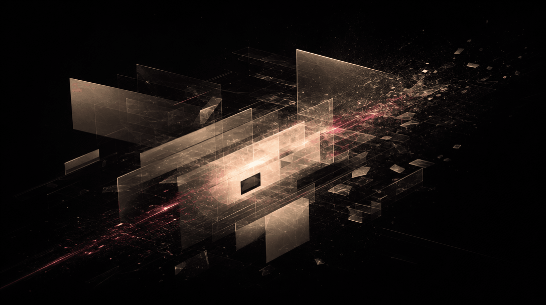 Abstract visualization of video frames dissolving and reforming — translucent geometric planes in warm off-white and dee