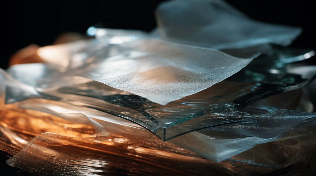 Abstract macro: layered translucent materials — glass, silk, tracing paper — stacked and edge-lit from below, creating d