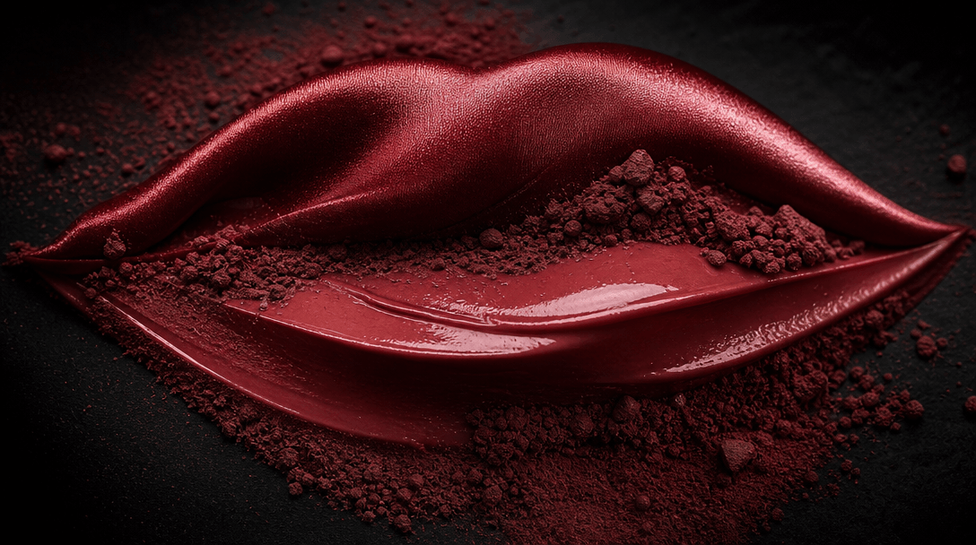 Atmospheric macro composition inspired by a beauty close-up: sculpted curves of satin, gloss, and fine cosmetic powder a