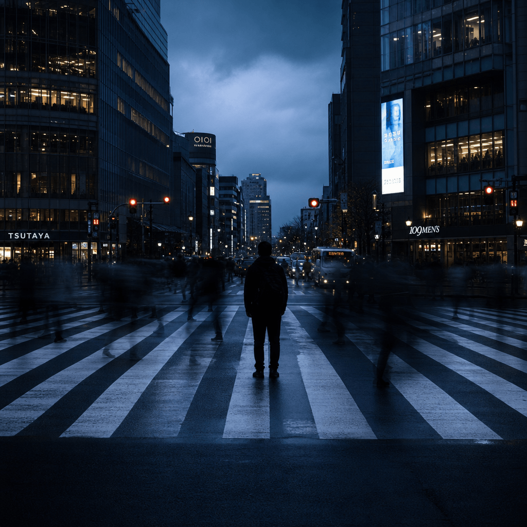 Wide urban crosswalk at dusk, single silhouetted figure standing still amid motion-blurred pedestrians, dramatic cool-bl