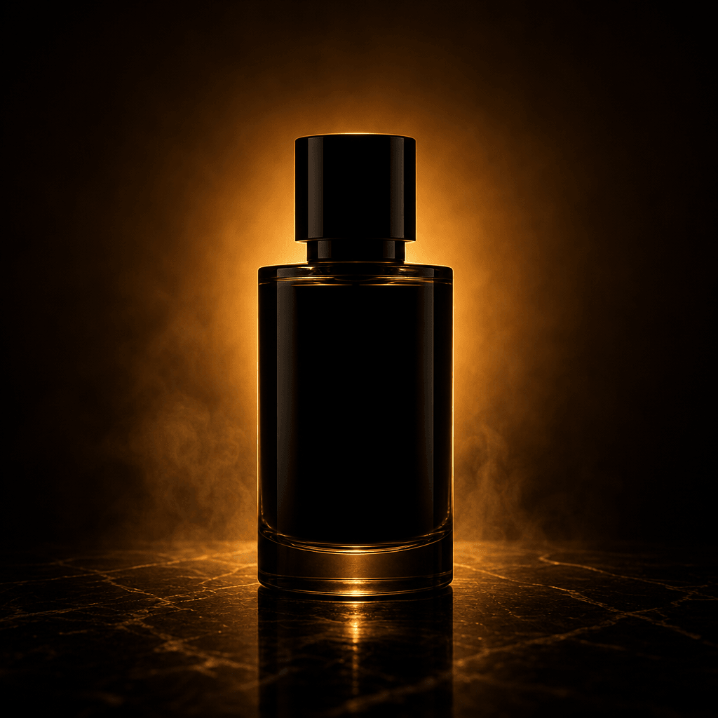 A cylindrical fragrance bottle in silhouette against a warm amber halo, with crisp edge lighting revealing the cap and g