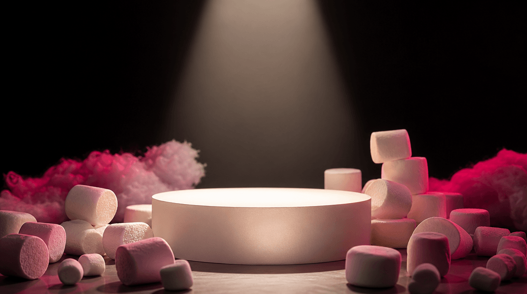A finished beauty campaign set with a luminous empty product pedestal surrounded by carefully arranged marshmallows, sof