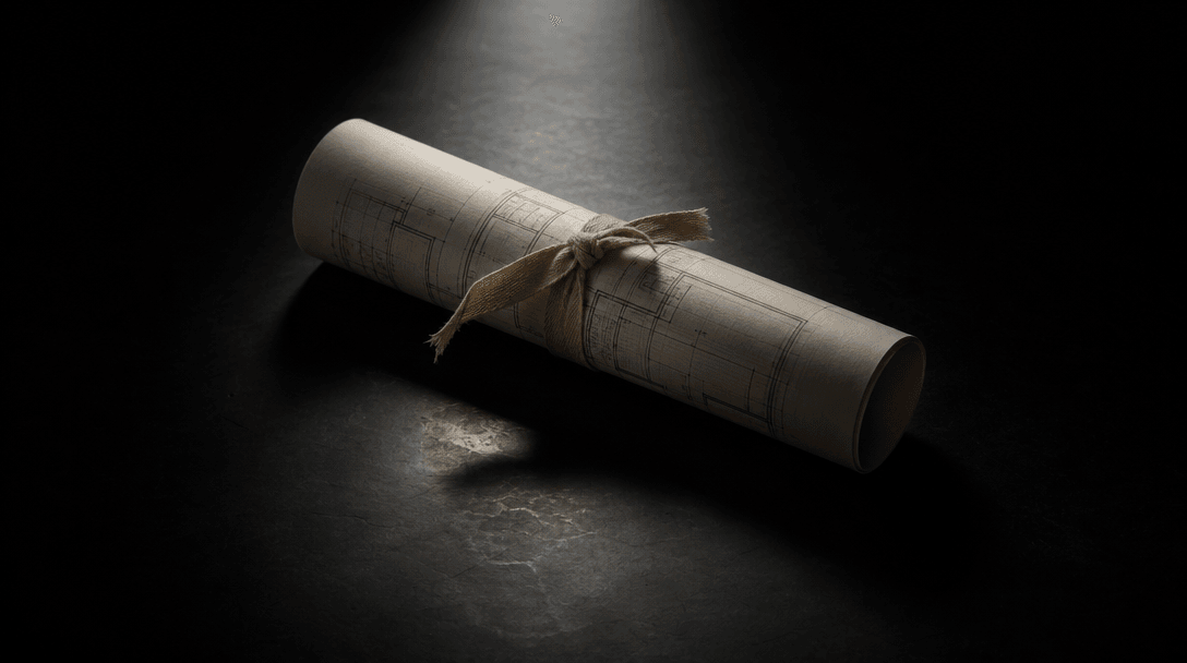 Dark editorial still life: a rolled architectural blueprint tied with raw linen ribbon rests on a matte obsidian surface