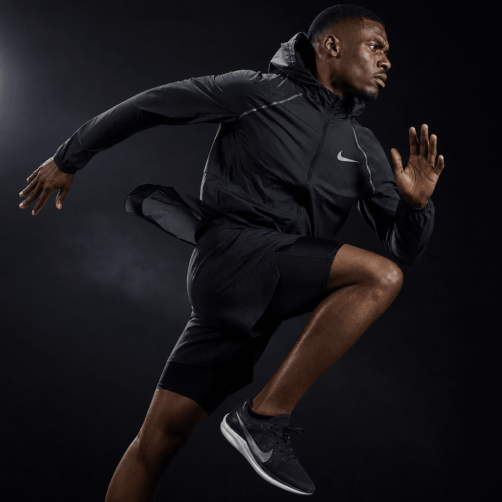 Athletic apparel shot with dynamic angle, motion suggested through fabric flow and lighting, dark moody background empha
