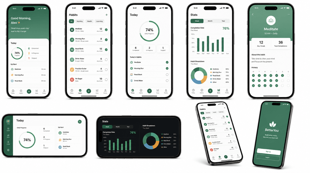 Multiple iPhone mockups arranged in a grid showing the same app in different orientations and contexts. Clean white back