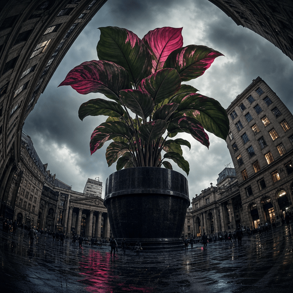 A small potted plant enlarged into a colossal botanical landmark within an impossible city plaza, captured through extre