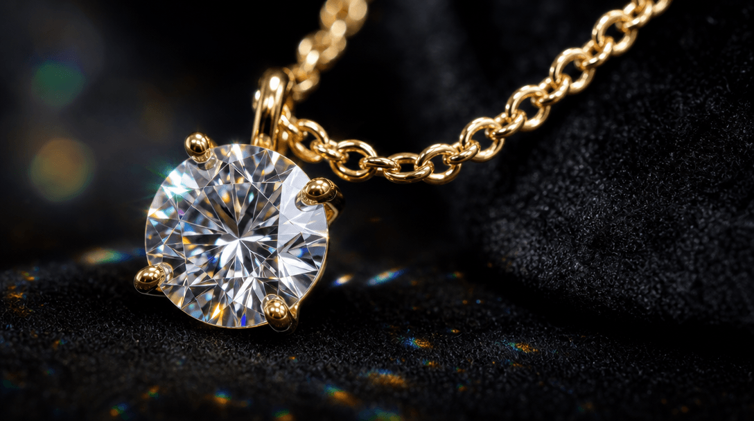 Extreme macro of fine 18-karat gold chain links with a suspended brilliant-cut diamond solitaire pendant, near-black vel