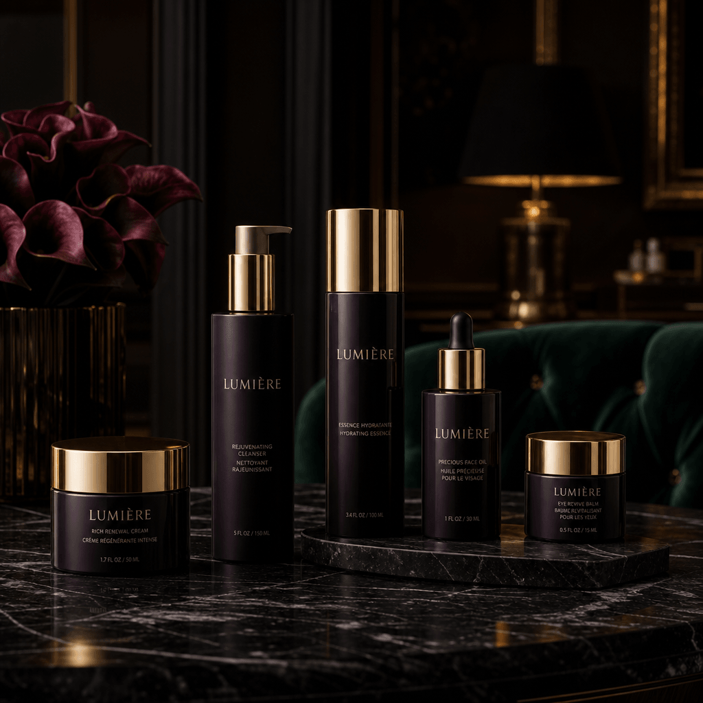 Beauty product line arranged in upscale room setting with moody cinematic lighting, rich textures of luxury furnishings,