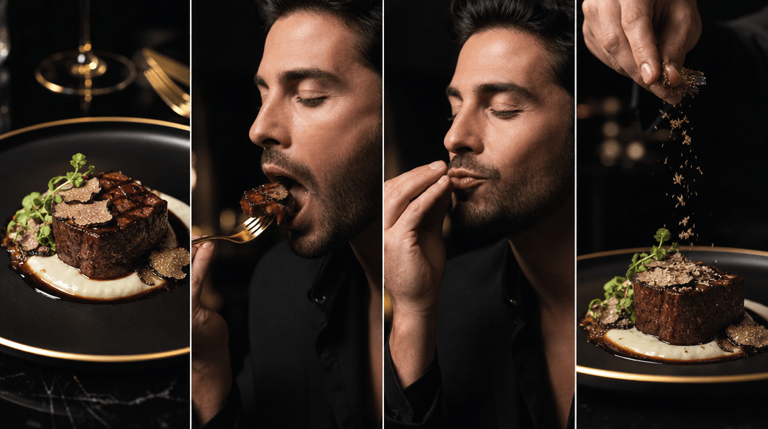 Rapid sequence moment: luxury meal presentation, first bite, savoring motion, final finishing garnish. Dark elegant aest