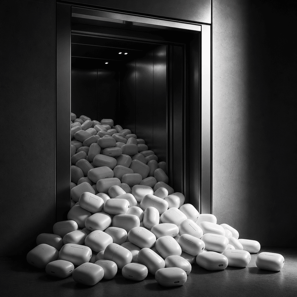High-contrast monochromatic editorial elevator overflowing with sleek matte-white wireless earbud charging cases. Charco
