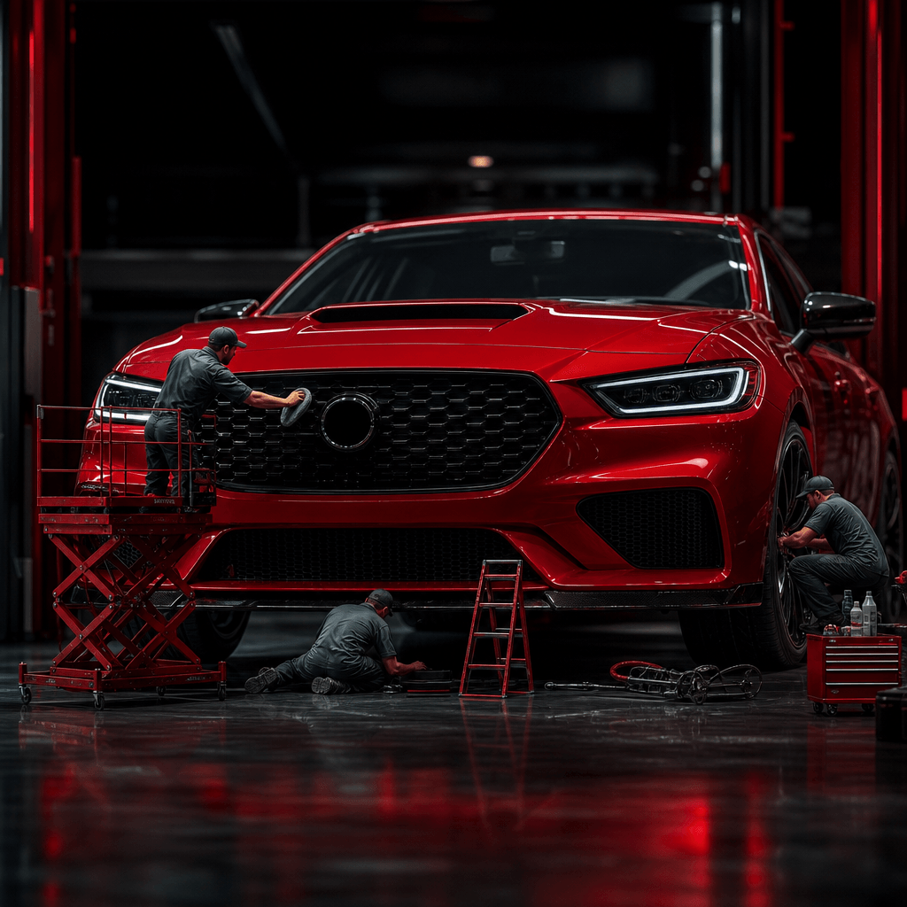 A glossy red performance car viewed from a low front angle while tiny mechanics operate miniature lifts, polish the gril