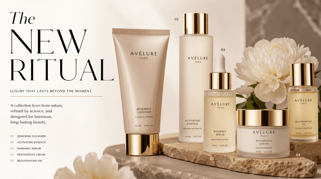 Curated editorial layout with multiple beauty products arranged artfully, magazine-quality composition, professional bea