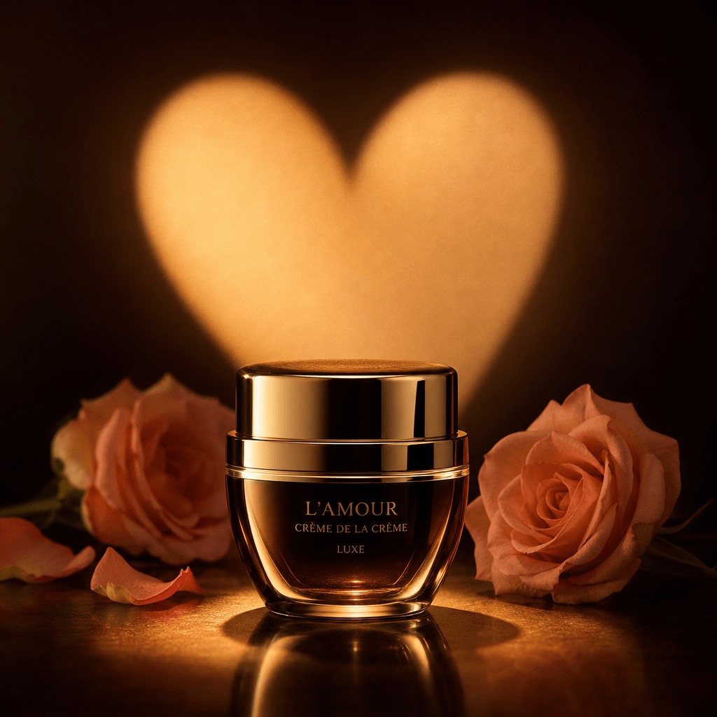 Heart spotlight illuminating luxury skincare jar, warm romantic lighting, professional beauty photography, dark editoria