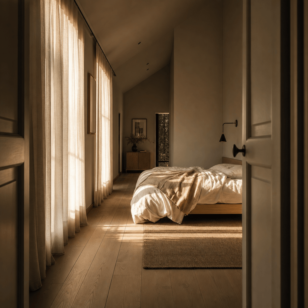 Scandinavian bedroom interior, warm afternoon light filtering through sheer linen curtains onto white bedding, pale hard