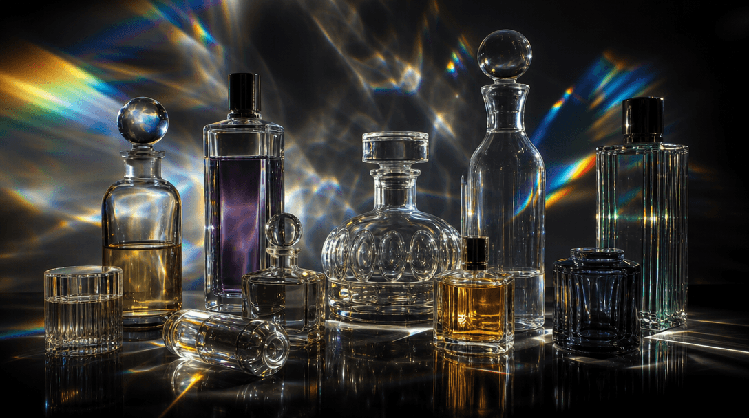 Abstract arrangement of multiple glass product vessels — bottles, decanters, small jars — on a dark reflective surface, 