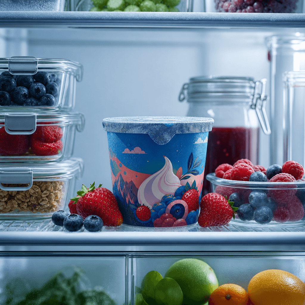 Colorful probiotic yogurt cup inside a pristine refrigerator, surrounded by berries, soft frost, and neatly stacked glas