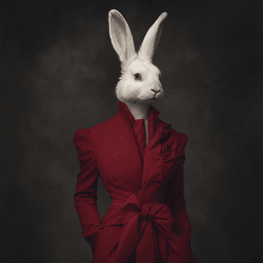 Anthropomorphic white rabbit person in structured crimson fashion, long ears and refined human posture, dramatic dark st