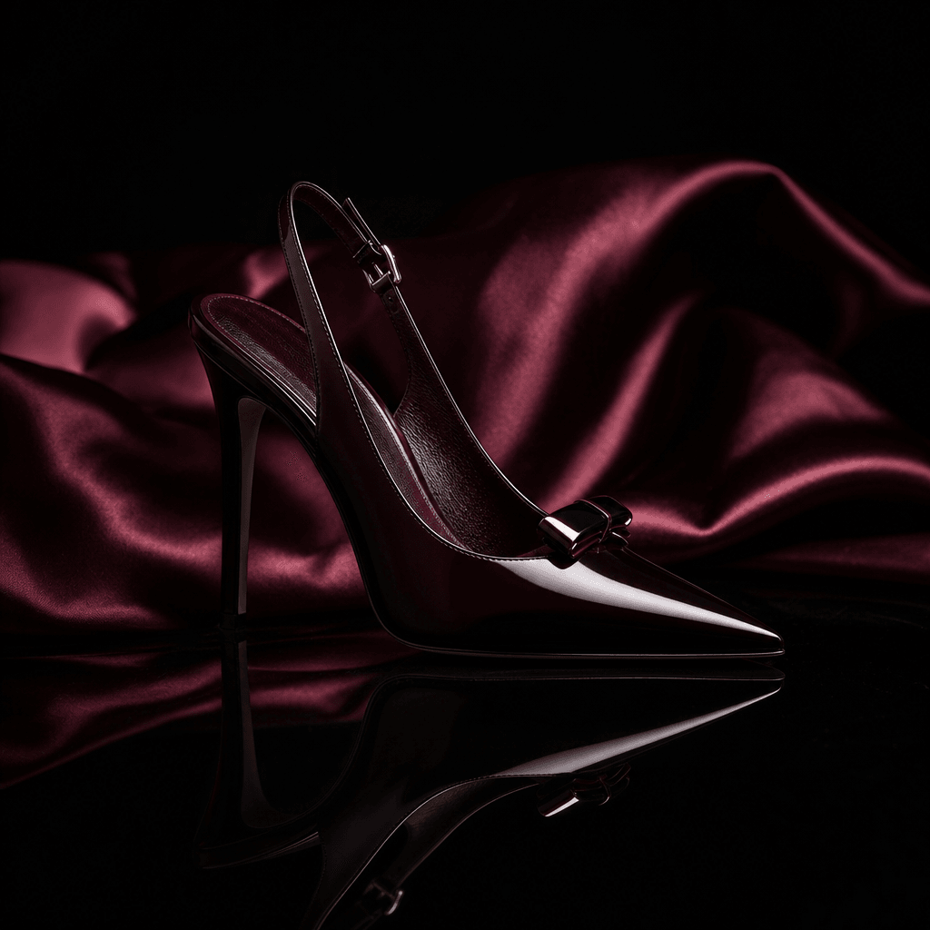 An elegant heeled shoe emerging from rippled burgundy satin into a mirror-like obsidian surface, dark editorial fashion 