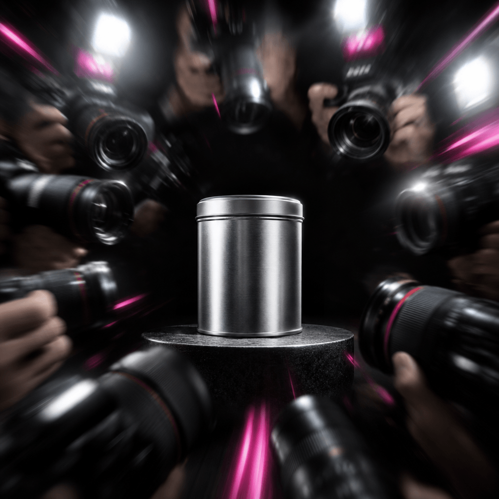 A compact metallic supplement tin centered inside a tunnel of paparazzi-style camera flashes, with motion-blurred hands 