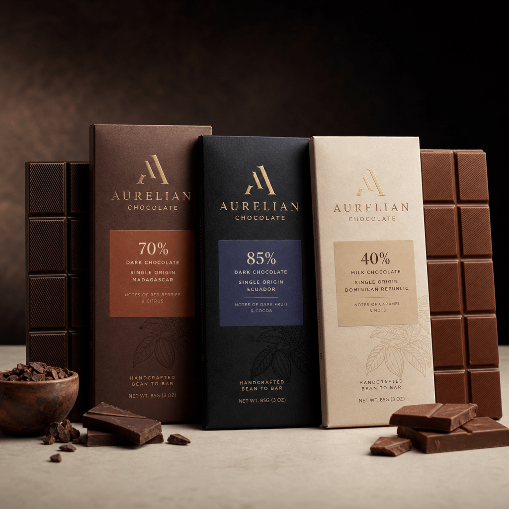Professional square product listing: artisanal chocolate bars arranged on light neutral surface with dramatic raking lig