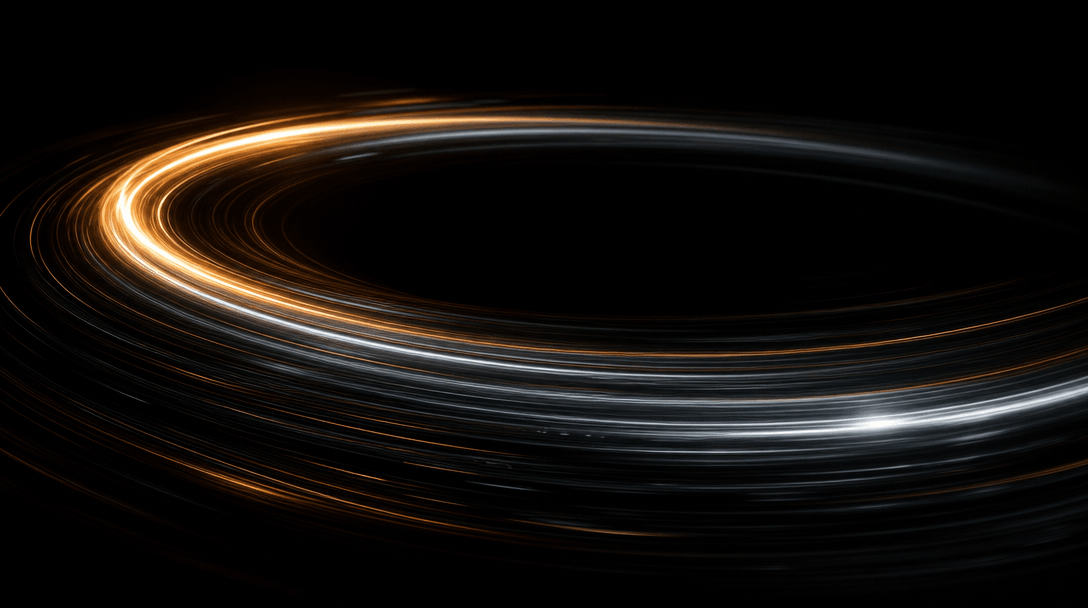 Abstract visualization of spatial camera motion: curved light trails sweeping in a continuous 360° arc through deep blac