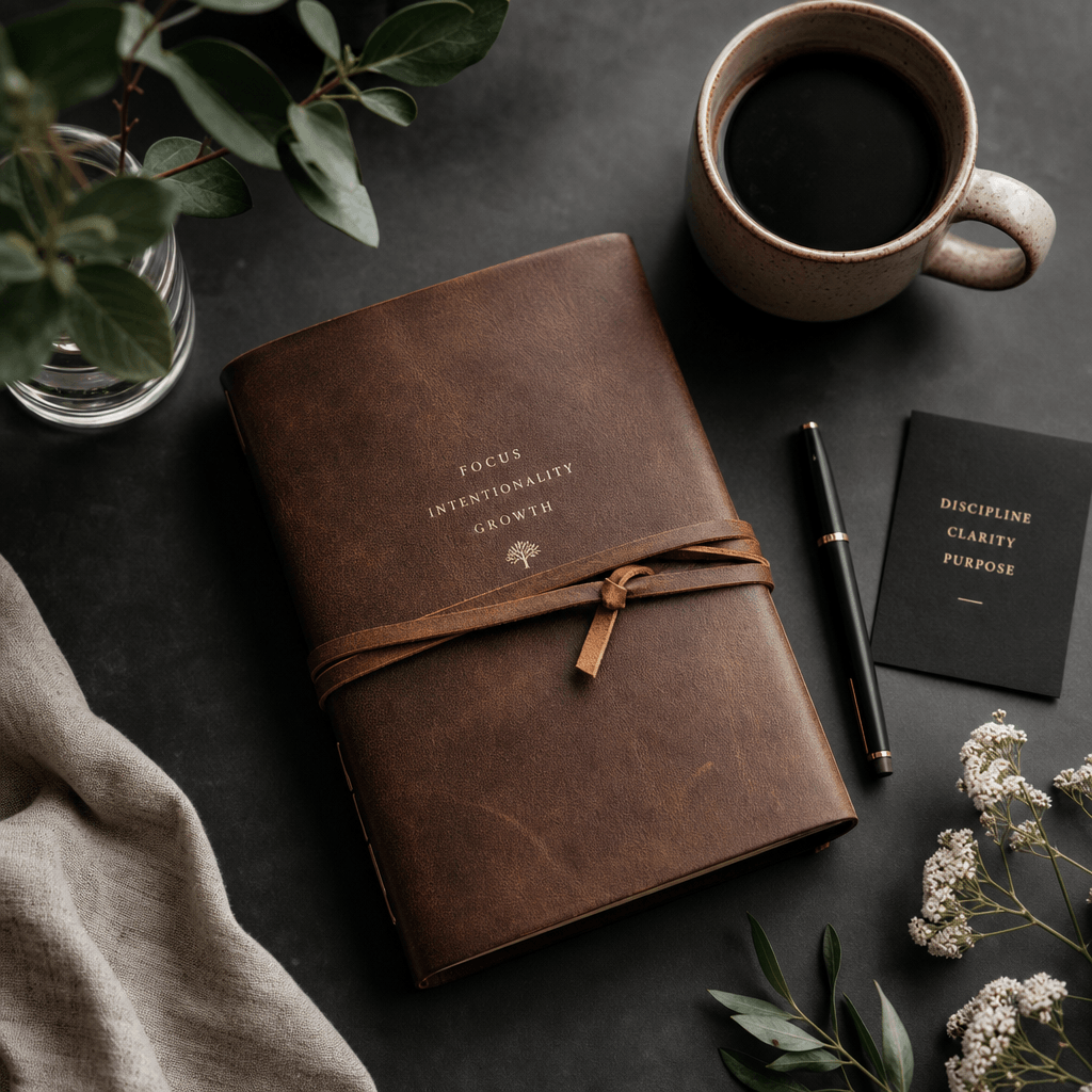 Lifestyle flat-lay of personal brand objects — a leather journal, ceramic coffee cup, and fresh botanicals — arranged on