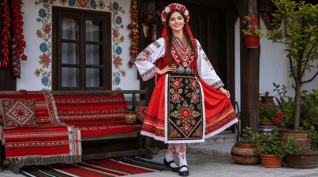 Completed folk costume portrait displayed with traditional setting, authentic embroidered garments in full view, cultura