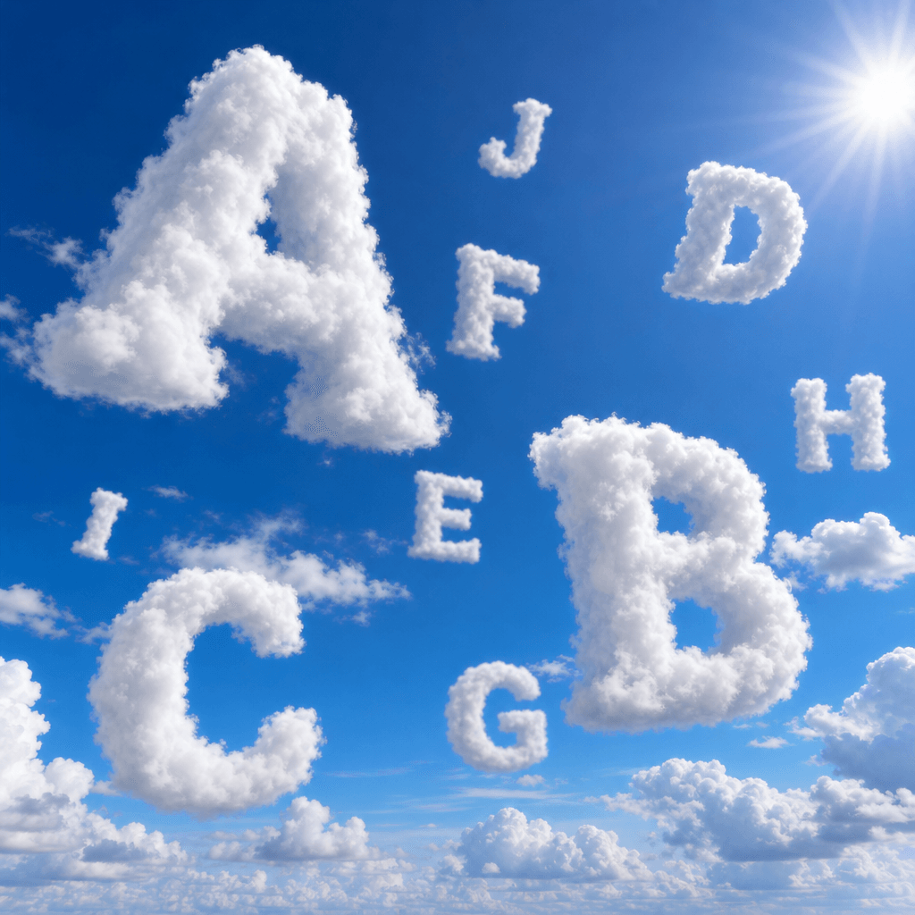 Multiple cloud letter formations floating at different depths in clear bright sky, 3D perspective effect, professional b