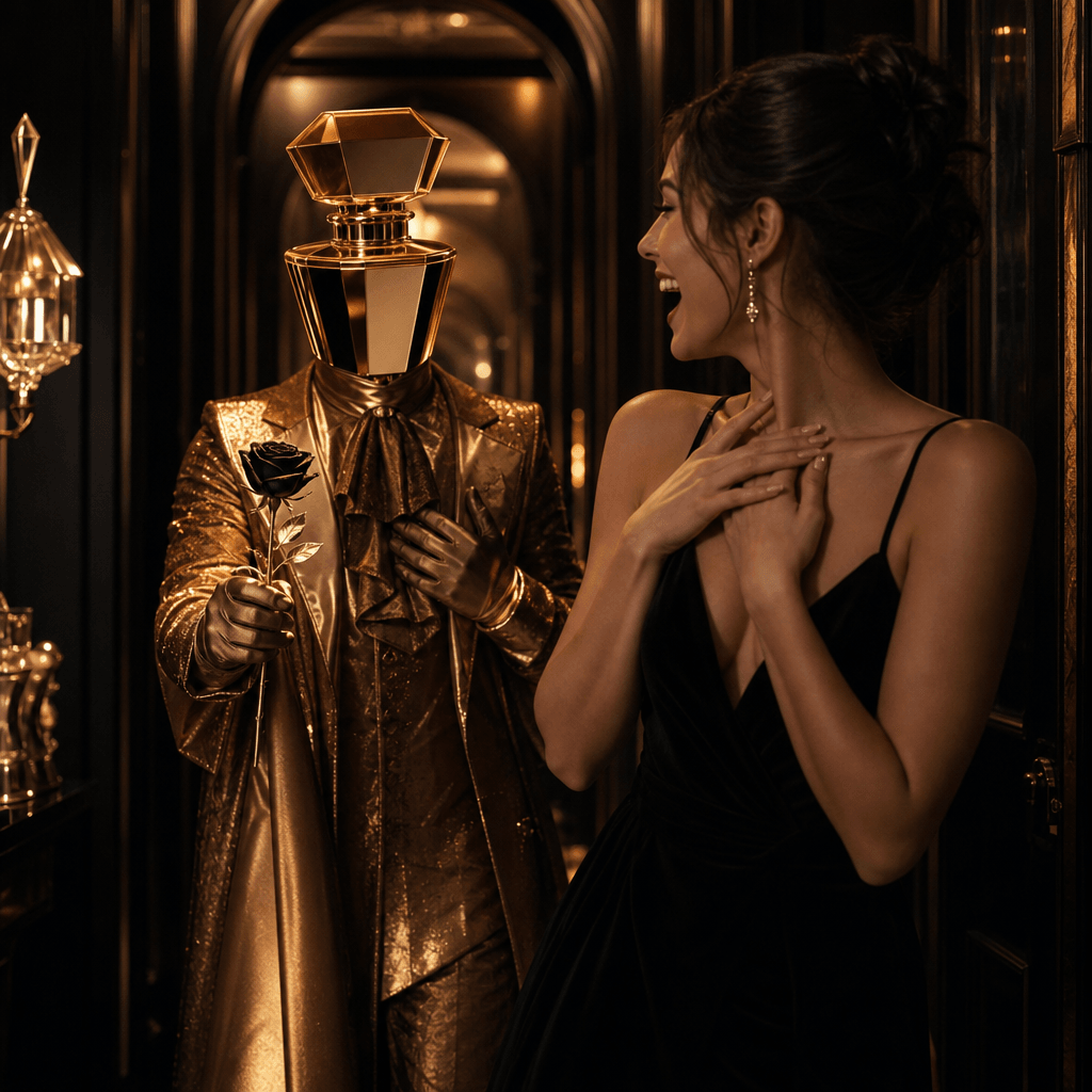 A romantic surprise scene with an abstract adult boyfriend wearing a theatrical costume inspired by a gold perfume bottl