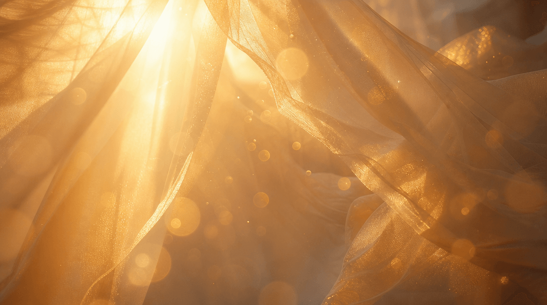 Soft golden hour light rays through silk fabric texture, romantic warm light diffusion, bokeh particles floating, mood l