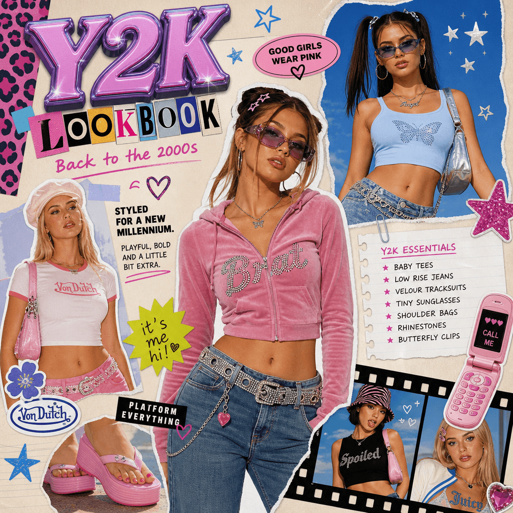 A vibrant Y2K lookbook page featuring playful cutouts and colorful fashion images, set against a retro-inspired backgrou