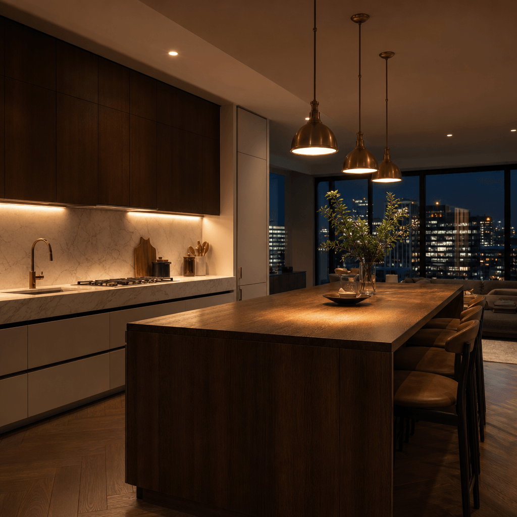 A modern open-plan kitchen at night. Warm under-cabinet LEDs illuminate polished marble worktops. Brushed-brass pendant 