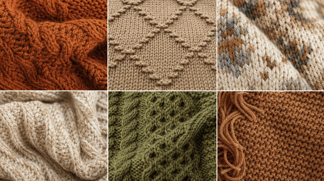 Abstract knitted fabric textures: close-up yarn detail, various knit patterns, warm earth tones, textile surface, craft 