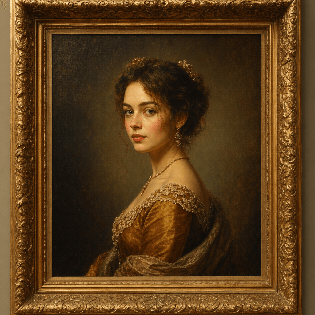 Classical portrait painting with meticulous detail and warm tones, traditional gallery wall presentation, Old Masters te