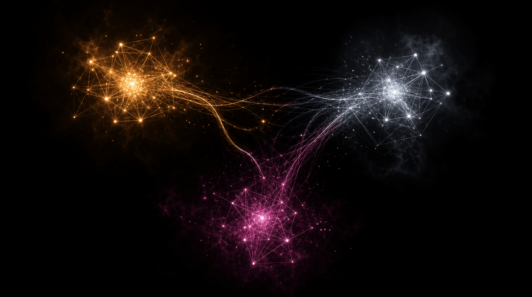 Abstract dark field with three distinct luminous geometric clusters arranged in a loose triangular composition against n