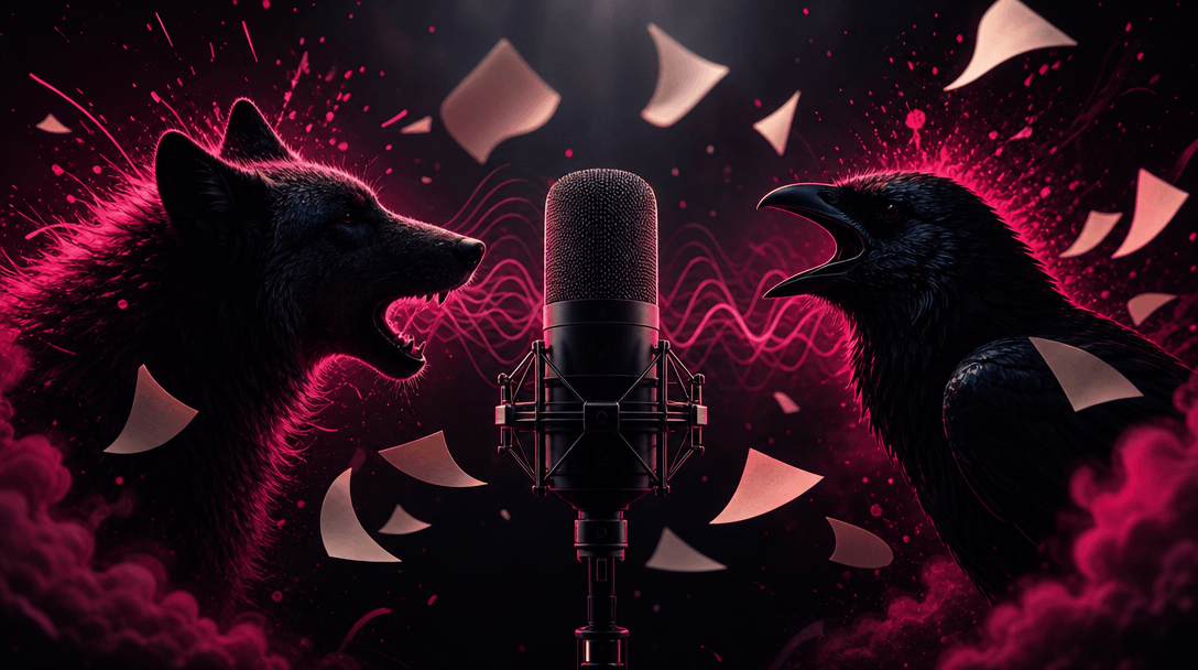 A podcast microphone centered between expressive animal silhouettes, surrounded by visual symbols of conversation such a