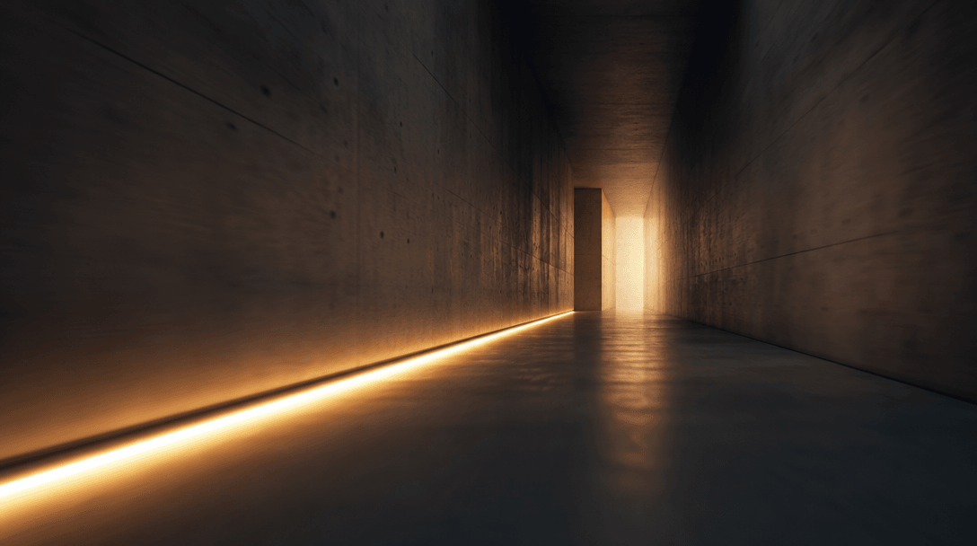 Abstract cinematic concept: a long, low camera view down a dark architectural corridor — smooth cast-concrete walls with