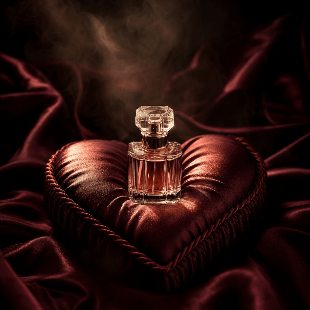 A small perfume bottle displayed on a burgundy silk heart pillow, dramatic pool of warm studio light, deep shadows and l