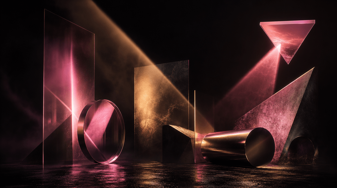 A cinematic array of sculptural light beams passing through translucent sheets and reflecting from polished metal, sugge