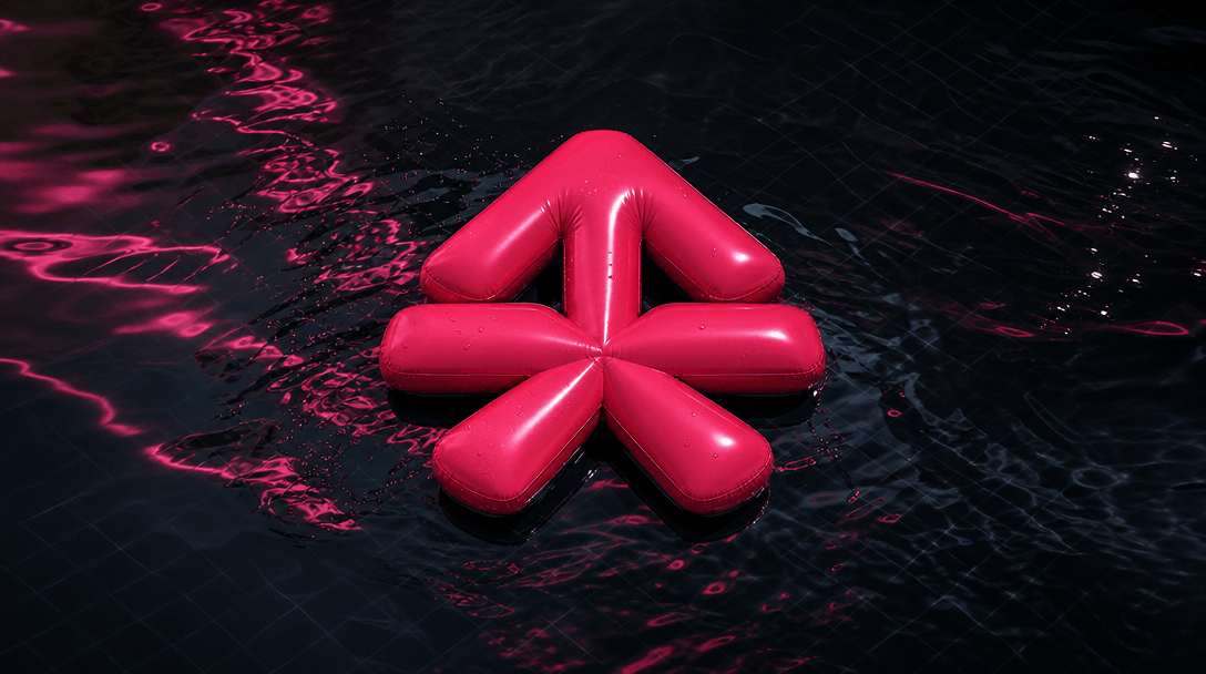 A premium campaign still of a vibrant inflated emblem centered in a black-tiled pool, surrounded by subtle light trails,